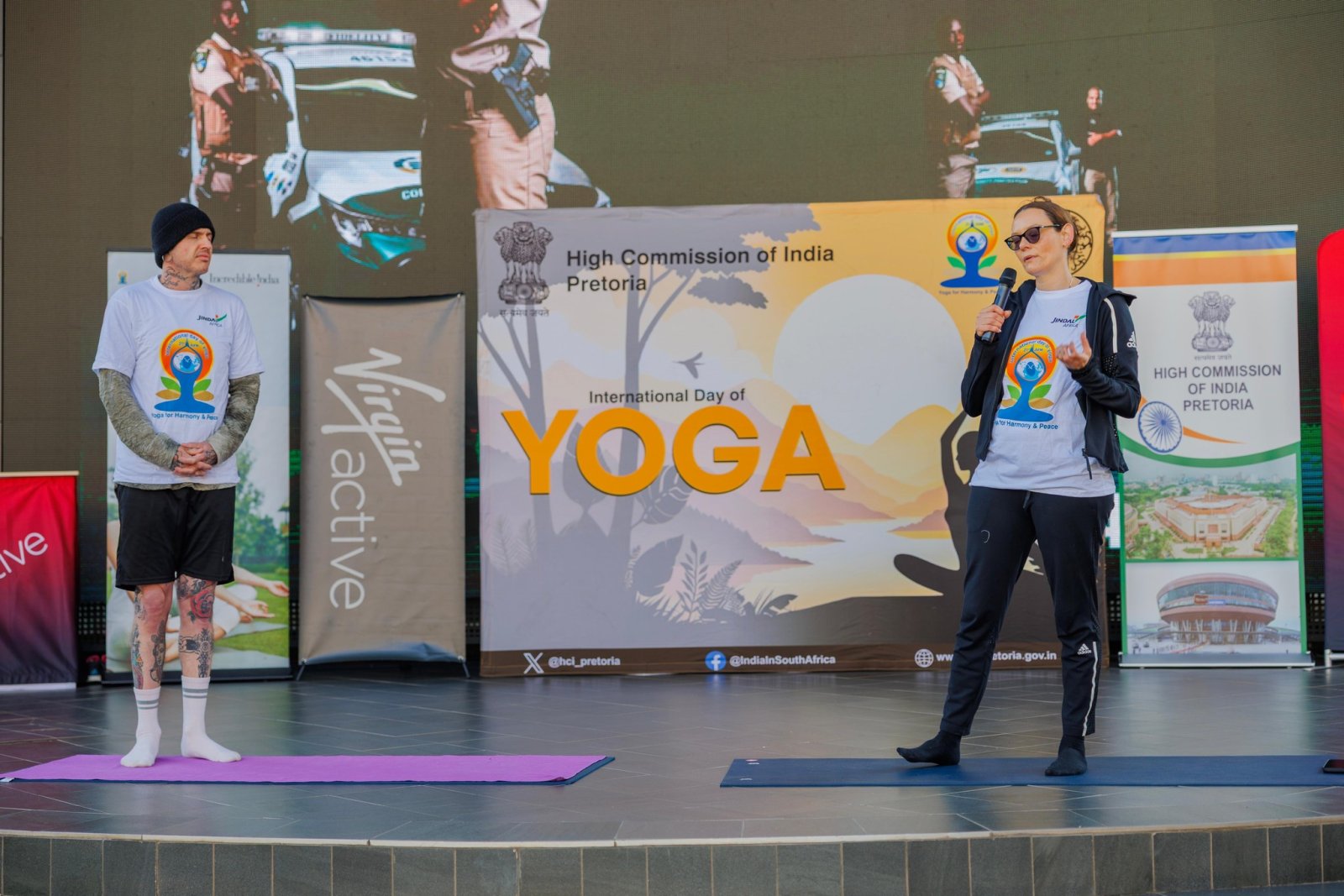 On 13 June 2025, as a run up to the International Day of Yoga, a collaborative event was held at the Loftus Park Pretoria with M/s Virgin Active Gym. Ms. Banu Prakash, Deputy High Commissioner and Mr. Katlego Mokwena, General Manager Virgin Active Gym highlighted the importance of Yoga as a fitness regiment in our daily life, and over all well-being.