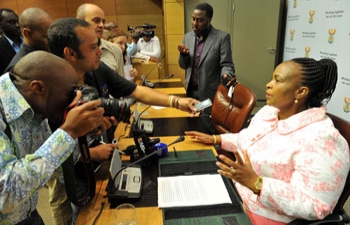 Minister of international Relations Ms Nkoana Maite Mashabane addressing a media conference on President Zuma's international engagements and South Africa's position on various international matters like Egypt, Ivory Coast, Madagascar, etc.