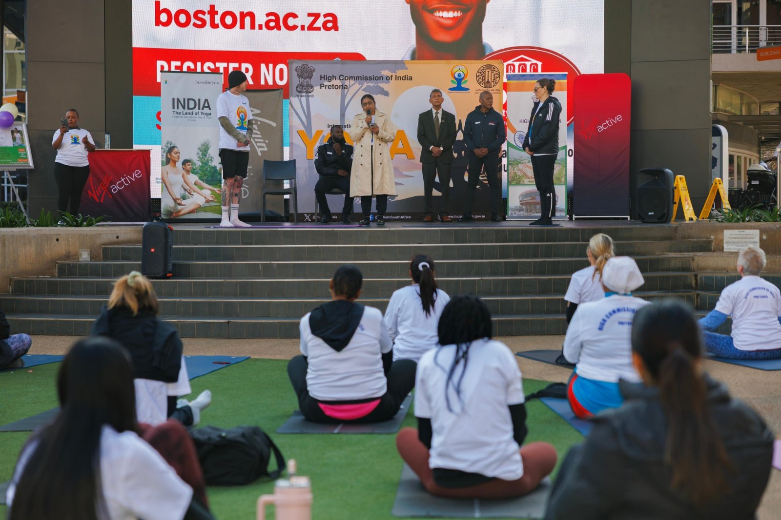 On 13 June 2025, as a run up to the International Day of Yoga, a collaborative event was held at the Loftus Park Pretoria with M/s Virgin Active Gym. Ms. Banu Prakash, Deputy High Commissioner and Mr. Katlego Mokwena, General Manager Virgin Active Gym highlighted the importance of Yoga as a fitness regiment in our daily life, and over all well-being.