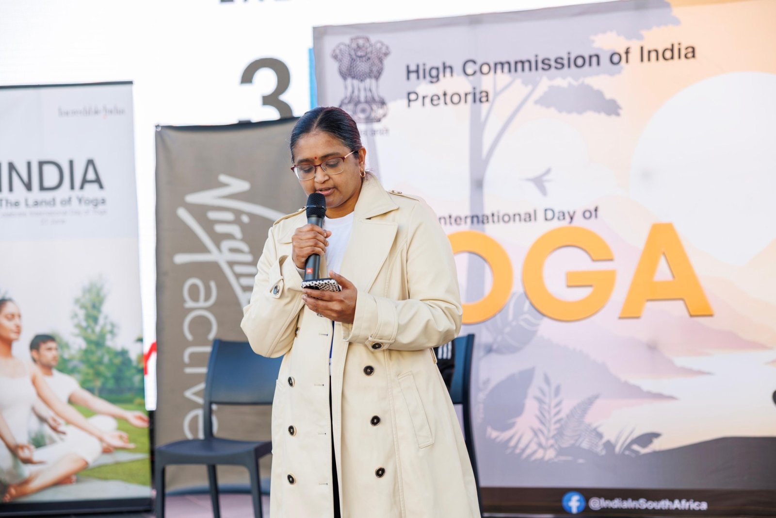 On 13 June 2025, as a run up to the International Day of Yoga, a collaborative event was held at the Loftus Park Pretoria with M/s Virgin Active Gym. Ms. Banu Prakash, Deputy High Commissioner and Mr. Katlego Mokwena, General Manager Virgin Active Gym highlighted the importance of Yoga as a fitness regiment in our daily life, and over all well-being.