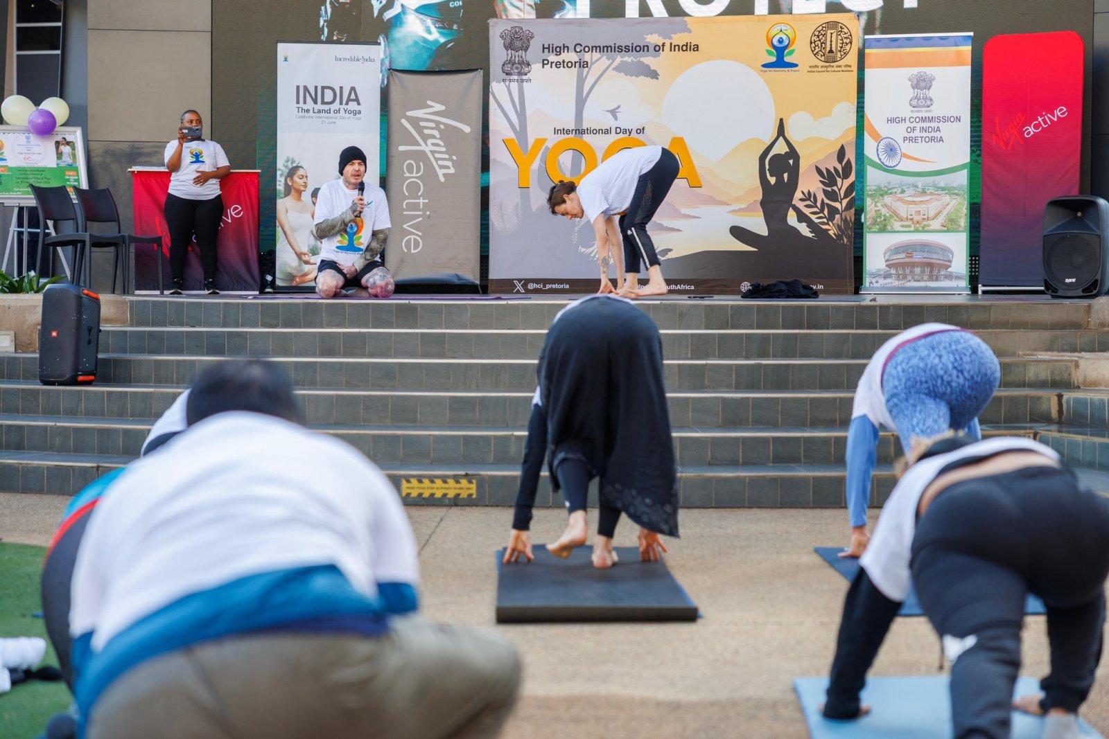 On 13 June 2025, as a run up to the International Day of Yoga, a collaborative event was held at the Loftus Park Pretoria with M/s Virgin Active Gym. Ms. Banu Prakash, Deputy High Commissioner and Mr. Katlego Mokwena, General Manager Virgin Active Gym highlighted the importance of Yoga as a fitness regiment in our daily life, and over all well-being.