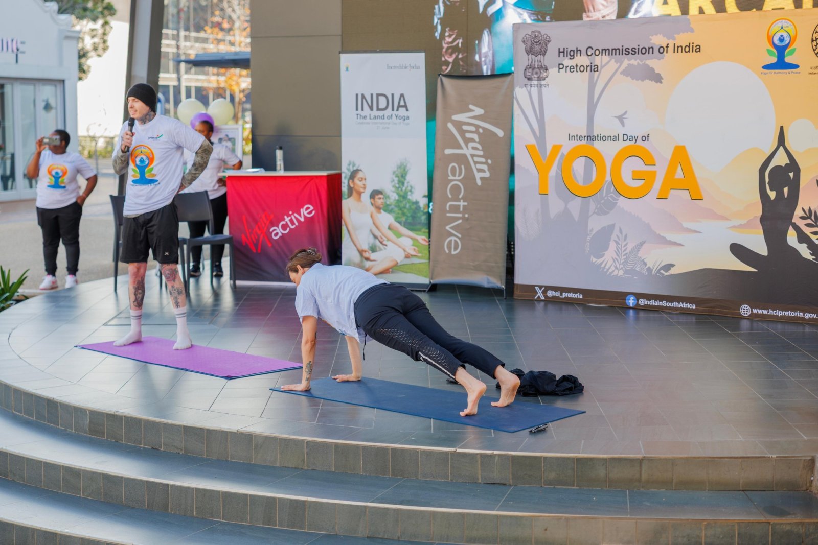 On 13 June 2025, as a run up to the International Day of Yoga, a collaborative event was held at the Loftus Park Pretoria with M/s Virgin Active Gym. Ms. Banu Prakash, Deputy High Commissioner and Mr. Katlego Mokwena, General Manager Virgin Active Gym highlighted the importance of Yoga as a fitness regiment in our daily life, and over all well-being.