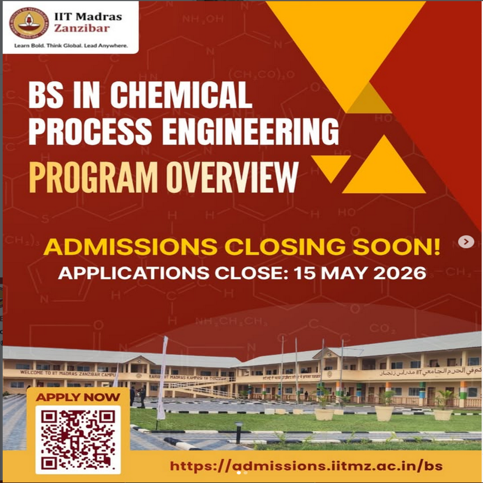 ADMISSIONS ARE CLOSING ON 15 MAY 2026 FOR BS PROGRAMMES IN DATA SCIENCE & ARTIFICAL INTELLIGENCE AND CHEMICAL PROCESS ENGINEERING AT IIT MADRAS, ZANZIBAR CAMPUS