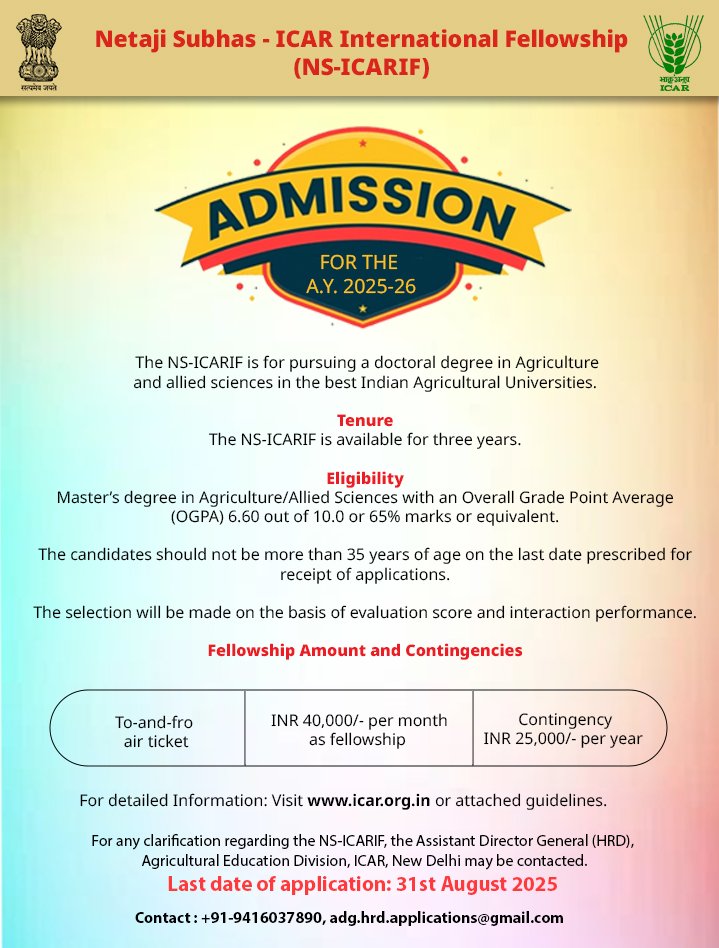 Notification for Netaji Subhas ICAR International Fellowship