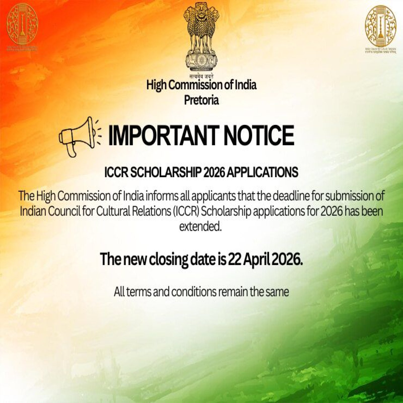 EXTENSION OF DATE TO APPLY FOR ICCR SCHOLARSHIP 2026