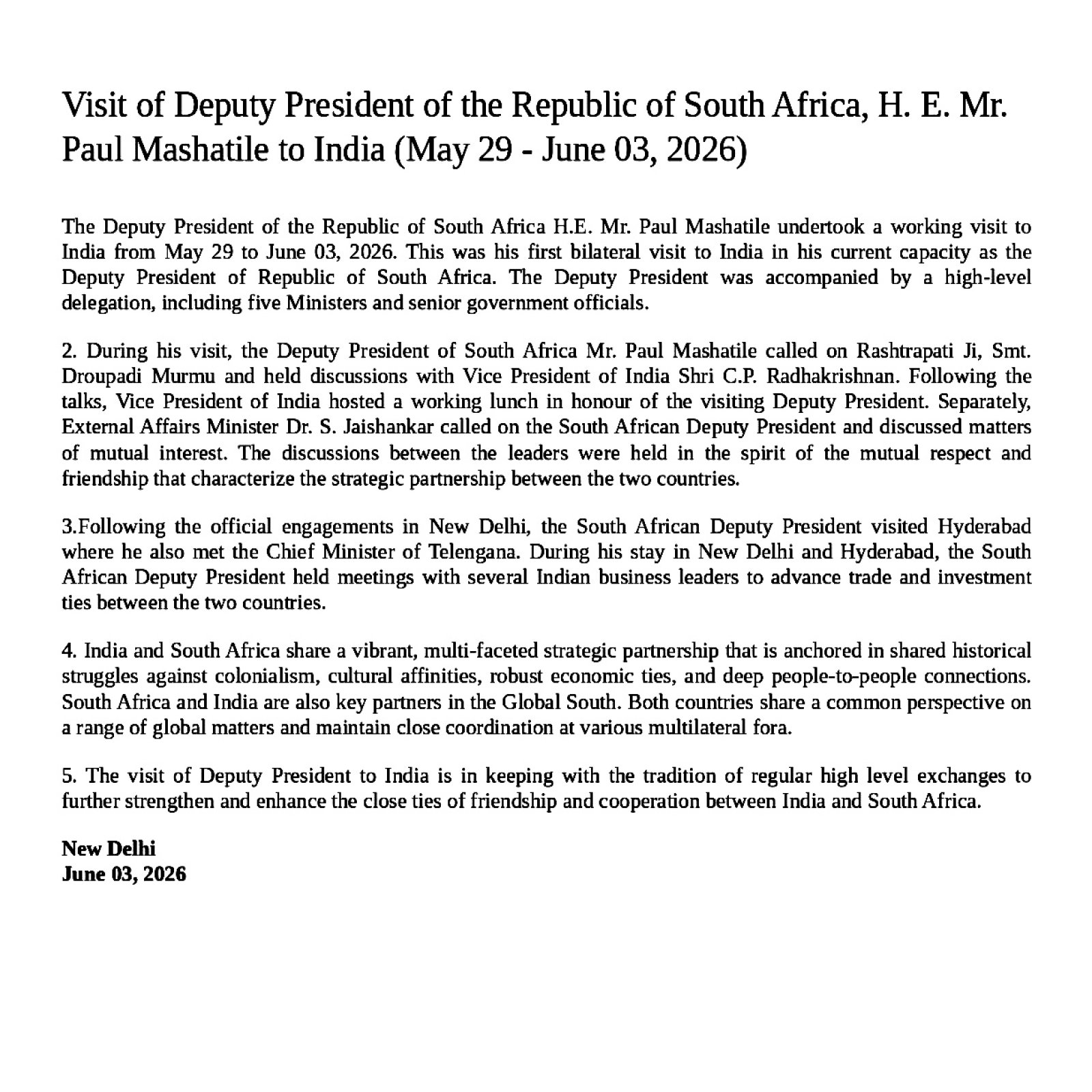 Press Release on the Visit of Deputy President of the Republic of South Africa, H.E. Mr. Paul Mashatile to India